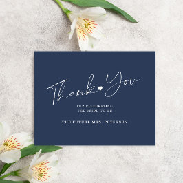 Elegant script vrijgezellenfeest marineblauw bedankkaart