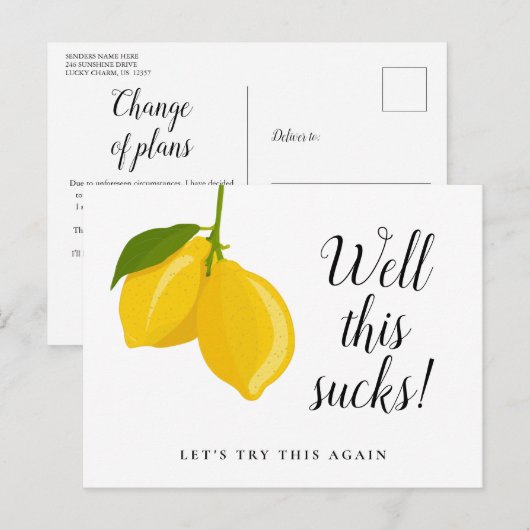 Elegant Script Vrijgezellenfeest Postponed Lemons Briefkaart (Voorkant / Achterkant)