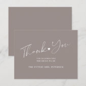 Elegant script vrijgezellenfeest taupe bedankkaart (Voorkant / Achterkant)