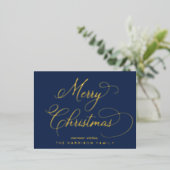 Elegant script Vrolijk kerstblauw Foto Folie Feestdagen Briefkaart (Staand Voorkant)