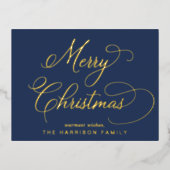 Elegant script Vrolijk kerstblauw Foto Folie Feestdagen Briefkaart (Voorkant)