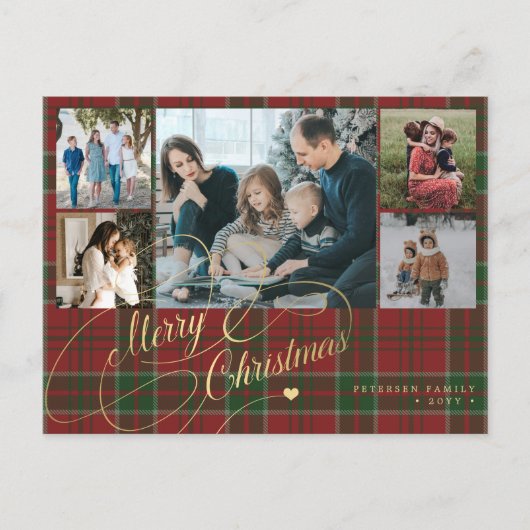Elegant script Vrolijk kerstfeest 5 foto rood plai Feestdagenkaart (Voorkant)