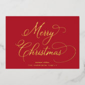 Elegant script Vrolijk kerstrood Folie Feestdagenkaart (Voorkant)