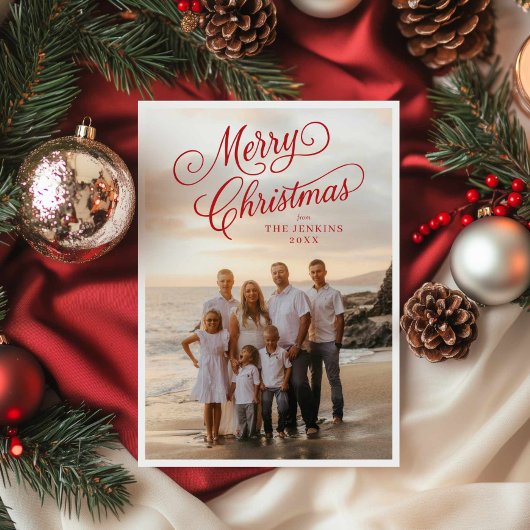 Elegant script Vrolijke kerstfoto begroeting Kaart