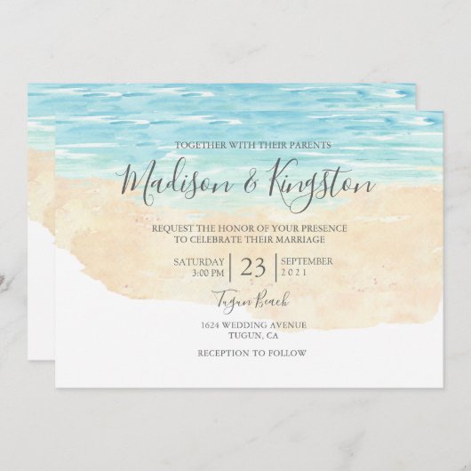 Elegant Script Waterverf Beach Wedding Invitation Kaart (Voorkant / Achterkant)