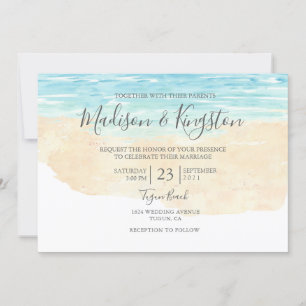 Elegant Script Waterverf Beach Wedding Invitation Kaart