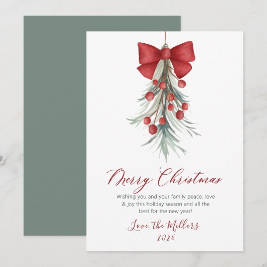 Elegant Script Waterverf Botanische Kerst Feestdagenkaart (Voorkant / Achterkant)