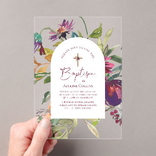 Elegant script Waterverf Bourgondische bloemendoop Acryl Uitnodigingen