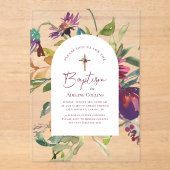 Elegant script Waterverf Bourgondische bloemendoop Acryl Uitnodigingen (Voorkant)