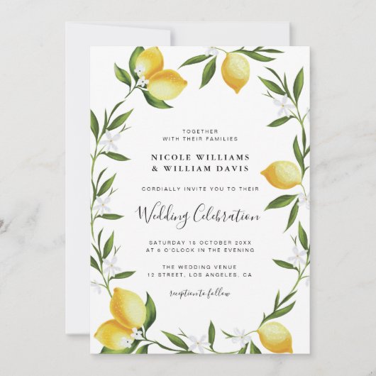 Elegant script waterverf citroenen bruiloft kaart (Voorkant)