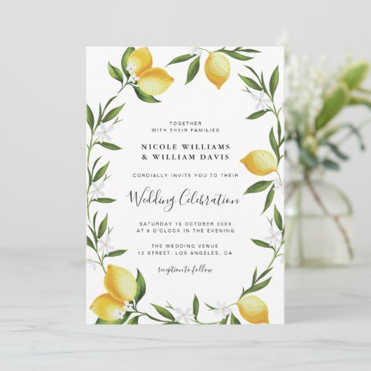 Elegant script waterverf citroenen bruiloft kaart (Staand voorkant)