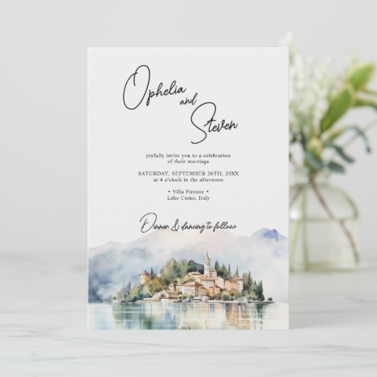 Elegant Script Waterverf Comomeer Italië Huwelijk Kaart (Staand voorkant)