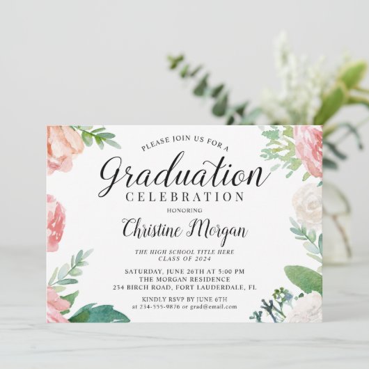 Elegant Script Waterverf Floral Photo Afstuderen Kaart (Staand voorkant)