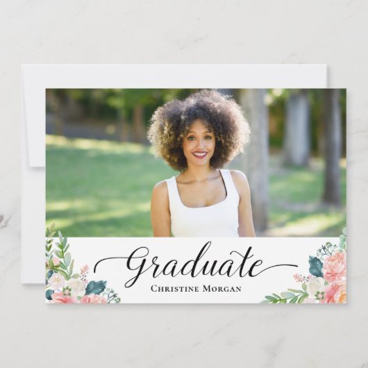 Elegant Script Waterverf Floral Photo Afstuderen Kaart (Achterkant)
