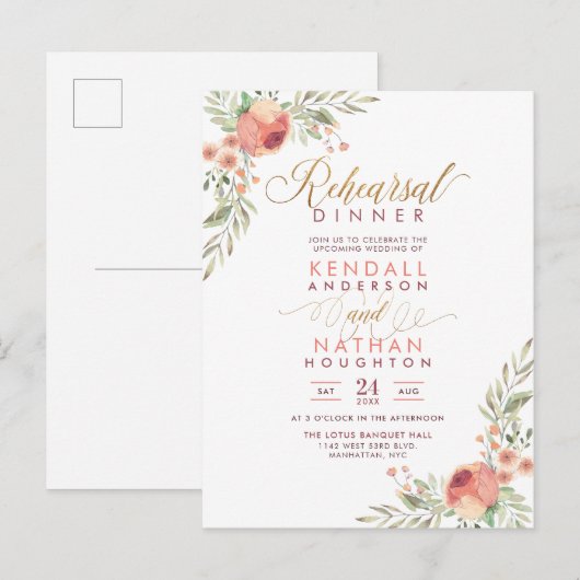 Elegant Script Waterverf Floral Rehearsal Dinner Uitnodiging Briefkaart (Voorkant / Achterkant)