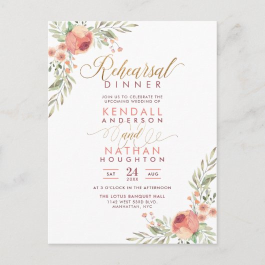 Elegant Script Waterverf Floral Rehearsal Dinner Uitnodiging Briefkaart (Voorkant)
