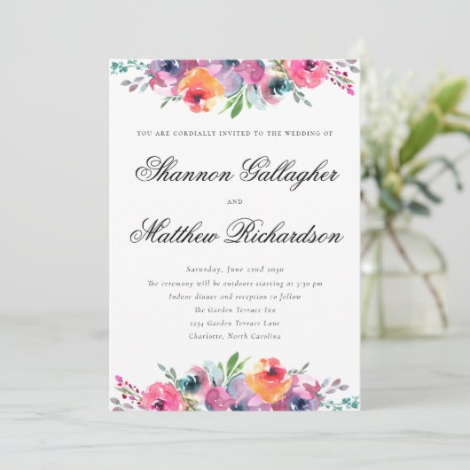 Elegant Script Waterverf Floral Wedding Kaart (Staand voorkant)