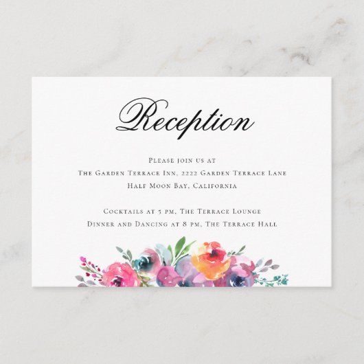 Elegant Script Waterverf Floral Wedding Reception Informatiekaartje (Voorkant)