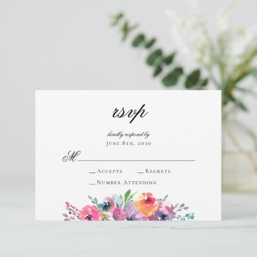 Elegant Script Waterverf Floral Wedding RSVP Kaartje (Staand voorkant)