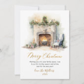 Elegant Script Waterverf open haard kerst Feestdagenkaart (Voorkant)