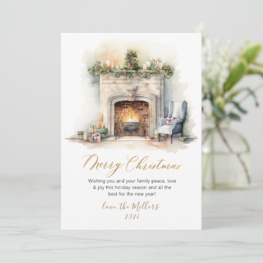 Elegant Script Waterverf open haard kerst Feestdagenkaart (Staand voorkant)