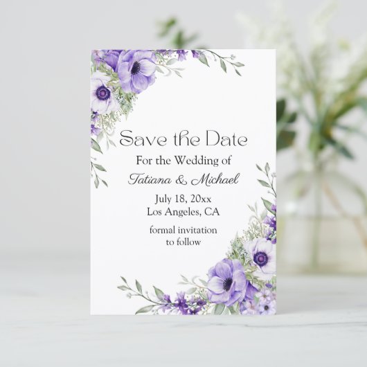 Elegant script waterverf paarse bloemige botanisch save the date (Staand voorkant)