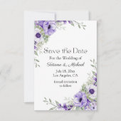 Elegant script waterverf paarse bloemige botanisch save the date (Voorkant)