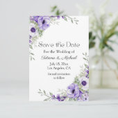 Elegant script waterverf paarse bloemige botanisch save the date (Staand voorkant)