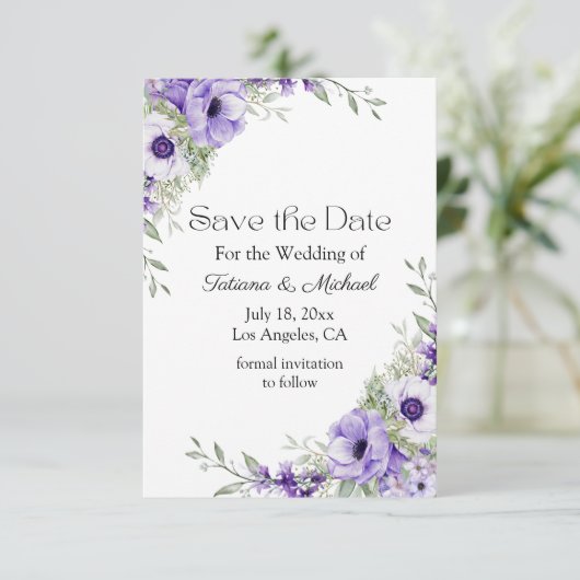 Elegant script waterverf paarse bloemige botanisch save the date (Staand voorkant)