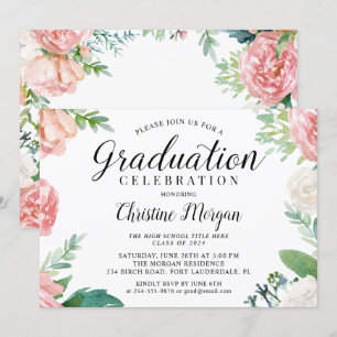 Elegant Script Waterverf Peach Floral Afstuderen Kaart