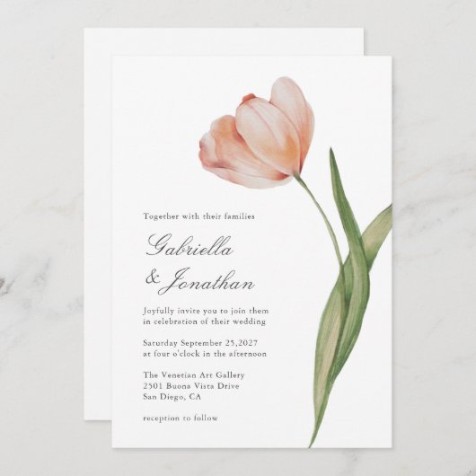 Elegant Script Waterverf Tulip Wedding Uitnodiging (Voorkant / Achterkant)