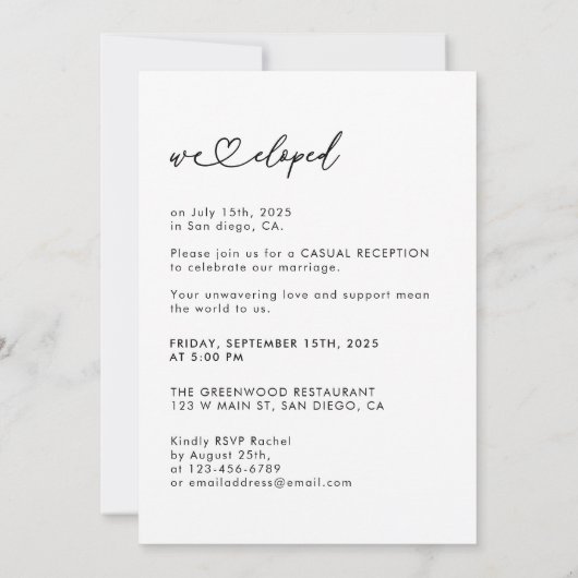 Elegant Script We Eloped Foto Bruiloft Receptie Kaart (Achterkant)