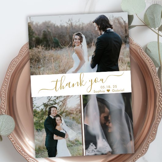 Elegant Script Wedding 3 Foto Collage Hartelijk da Bedankkaart