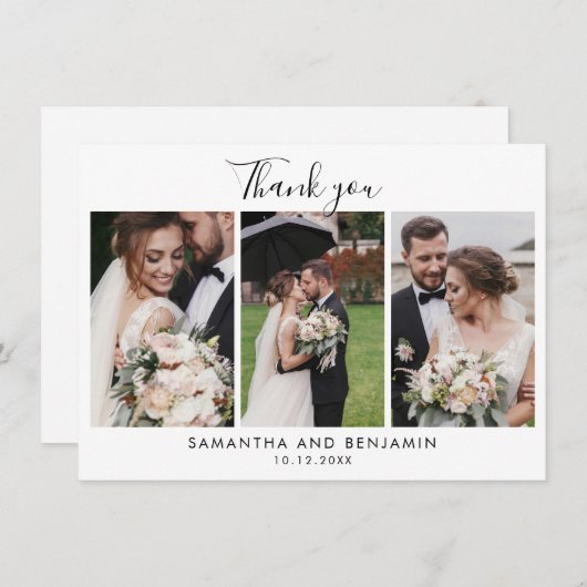 Elegant Script Wedding 3 foto's Bedankt Notitiekaartje (Voorkant / Achterkant)