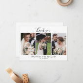 Elegant Script Wedding 3 foto's Bedankt Notitiekaartje (Voorkant / Achterkant in situ)