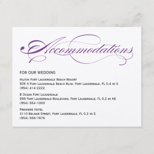 Elegant Script Wedding Accommodations - Paars Informatiekaartje (Voorkant)