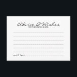 Elegant Script Wedding Advice en Wishes Kaart<br><div class="desc">Voeg een persoonlijke aanraking toe aan uw bruiloft met een elegante trouwraad en wenskaart. Deze advieskaart is voorzien van een titel in de zwarte moderne, elegante lettertypestijl voor calligrafie en van details in de zwarte sans serif lettertypestijl op de witte achtergrond. Ideaal voor bruiloft, baby shower, verjaardagsfeest, vrijgezellenfeest, bachelorette en...</div>