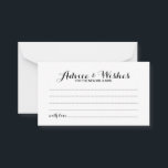 Elegant Script Wedding Advice en Wishes Kaart<br><div class="desc">Voeg een persoonlijke aanraking toe aan uw bruiloft met een elegante trouwraad en wenskaart. Deze advieskaart is voorzien van een titel in de zwarte moderne, elegante lettertypestijl voor calligrafie en van details in de zwarte moderne sans serif lettertypestijl op de witte achtergrond. Ideaal voor bruiloft, baby shower, verjaardagsfeest, vrijgezellenfeest, bachelorette...</div>