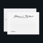 Elegant Script Wedding Advice en Wishes Kaart<br><div class="desc">Voeg een persoonlijke aanraking toe aan uw bruiloft met een elegante trouwraad en wenskaart. Deze advieskaart is voorzien van een titel in de zwarte moderne, elegante lettertypestijl voor calligrafie en van details in de zwarte sans serif lettertypestijl op de witte achtergrond. Ideaal voor bruiloft, baby shower, verjaardagsfeest, vrijgezellenfeest, bachelorette en...</div>