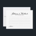 Elegant Script Wedding Advice en Wishes Kaart<br><div class="desc">Voeg een persoonlijke aanraking toe aan uw bruiloft met een elegante trouwraad en wenskaart. Deze advieskaart is voorzien van een titel in de zwarte moderne, elegante lettertypestijl voor calligrafie en van details in de zwarte sans serif lettertypestijl op de witte achtergrond. Ideaal voor bruiloft, baby shower, verjaardagsfeest, vrijgezellenfeest, bachelorette en...</div>