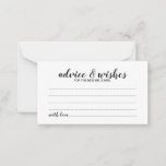 Elegant Script Wedding Advice en Wishes Kaart<br><div class="desc">Voeg een persoonlijke aanraking toe aan uw bruiloft met een elegante trouwraad en wenskaart. Deze advieskaart is voorzien van een titel in de zwarte moderne, elegante lettertypestijl voor calligrafie en van details in de zwarte moderne sans serif lettertypestijl op de witte achtergrond. Ideaal voor bruiloft, baby shower, verjaardagsfeest, vrijgezellenfeest, bachelorette...</div>