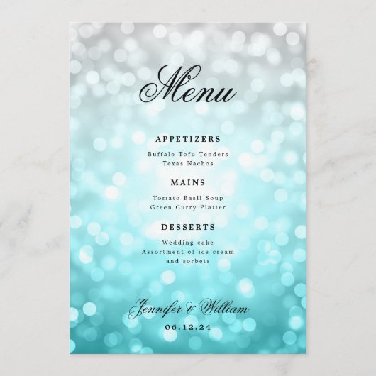 Elegant Script Wedding Beach Bokeh Lights Menu (Voorkant)