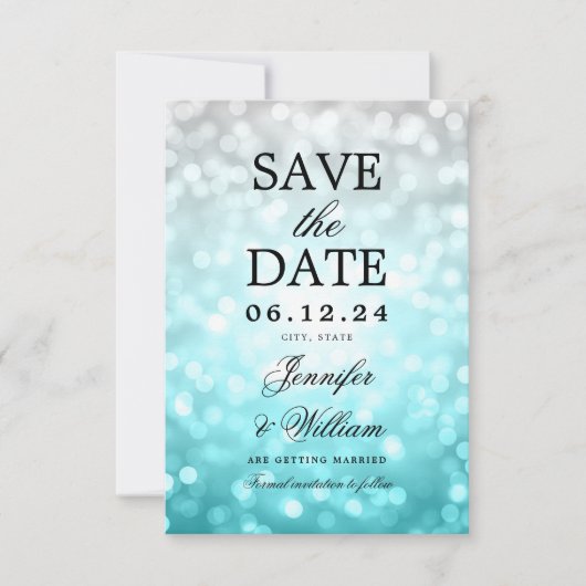 Elegant Script Wedding Beach Bokeh Lights Save The Date (Voorkant)