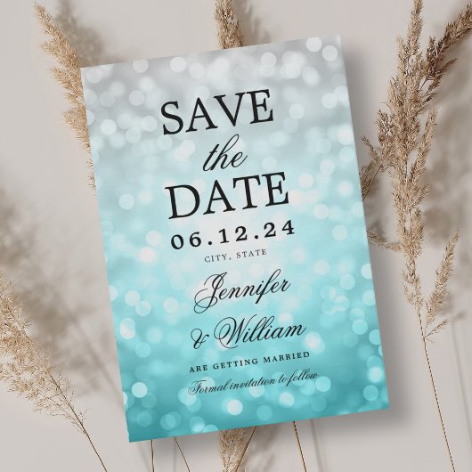 Elegant Script Wedding Beach Bokeh Lights Save The Date