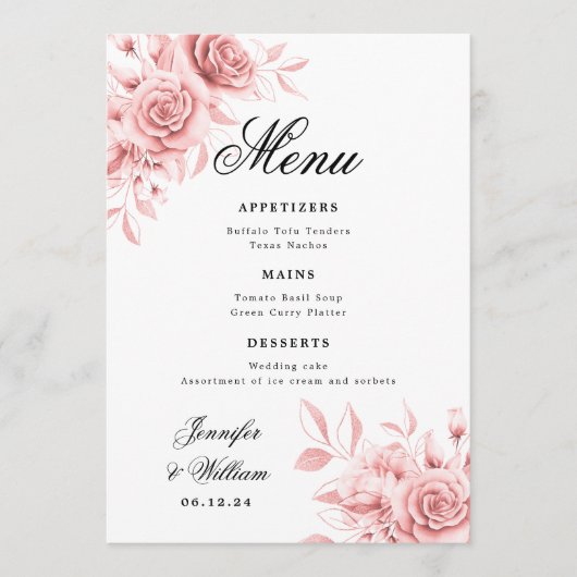Elegant Script Wedding Blush Pink Rose Bloemen Menu (Voorkant)