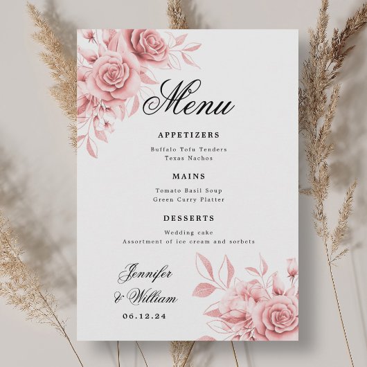 Elegant Script Wedding Blush Pink Rose Bloemen Menu