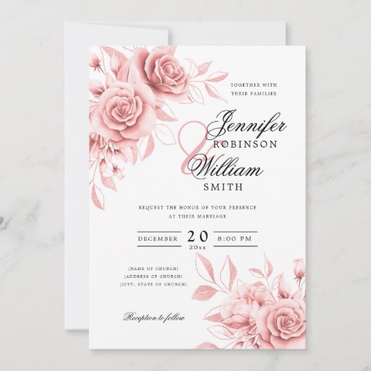 Elegant Script Wedding Blush Roos Gold Floral Kaart (Voorkant)