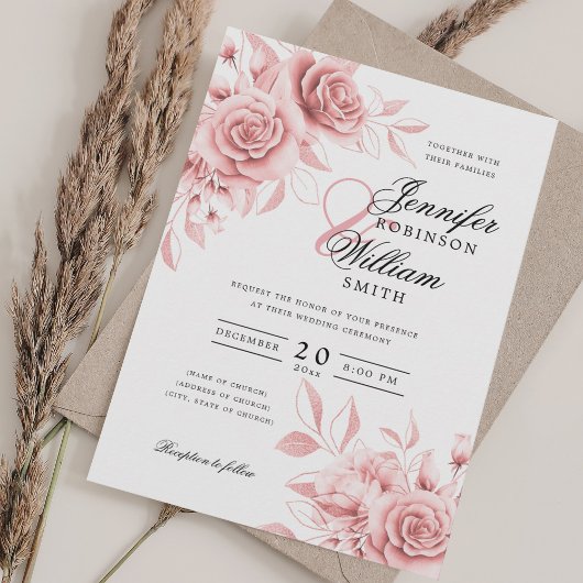 Elegant Script Wedding Blush Roos Gold Floral Kaart