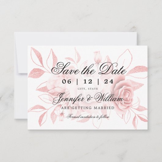 Elegant Script Wedding Blush Roos Gold Floral Save The Date (Voorkant)