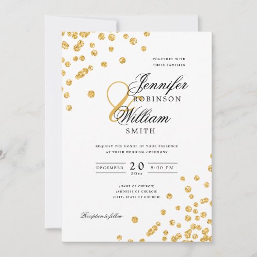Elegant Script Wedding Gold Confetti QR RSVP Kaart (Voorkant)